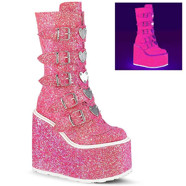 Demonia Women's Swing-230G Platform Mid Calf Boots - Pink Glitter D7840-52US Clearance